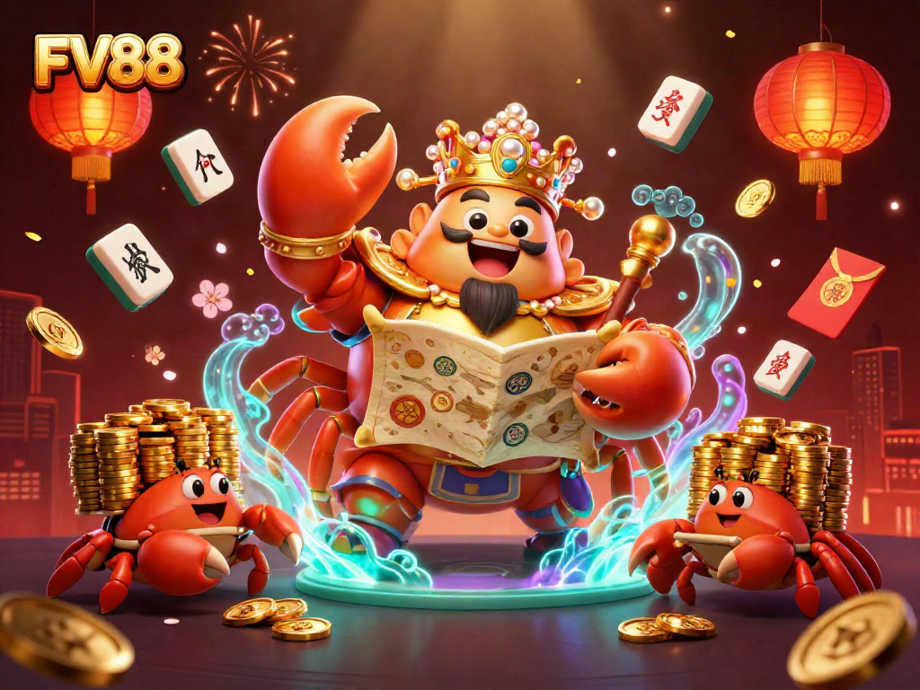 Engage with FV88's thrilling world of gaming, featuring a majestic crab emperor amidst vibrant casino elements.