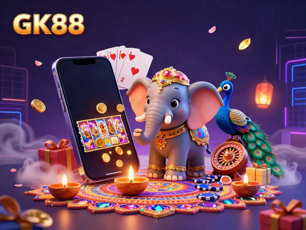 Experience thrilling gambling at GK88 with a vibrant and colorful 3D casino scene featuring a cartoon elephant and peacock.