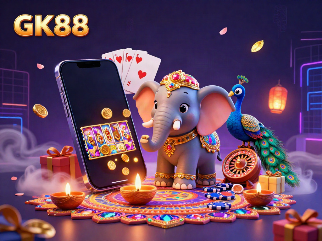 Experience thrilling gambling at GK88 with a vibrant and colorful 3D casino scene featuring a cartoon elephant and peacock.