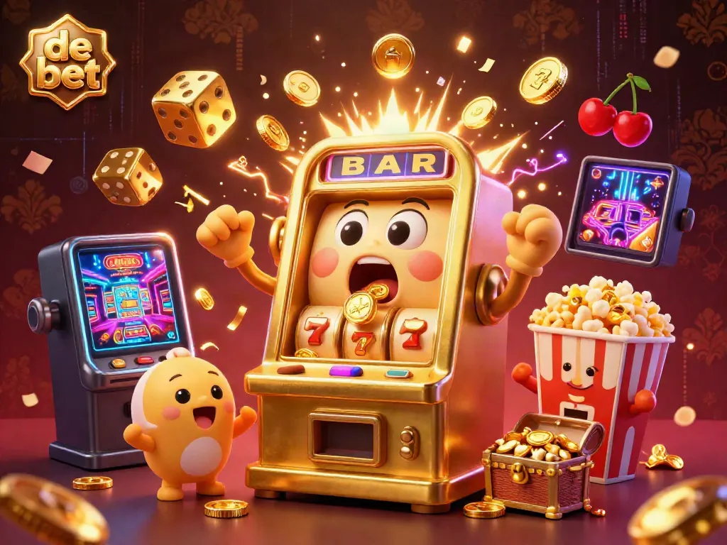 Experience the excitement of de bet with a lively slot machine hitting a jackpot amidst a burst of coins.