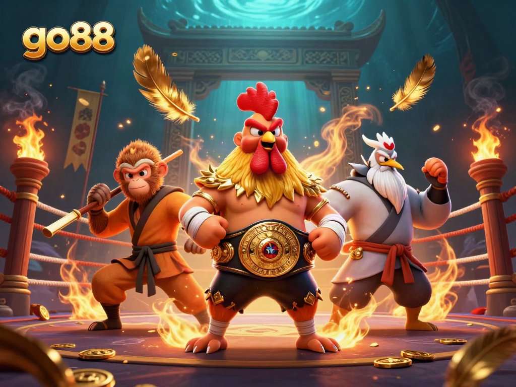 Experience thrilling gameplay at go88 with a fierce rooster and martial artists in a vibrant casino scene.