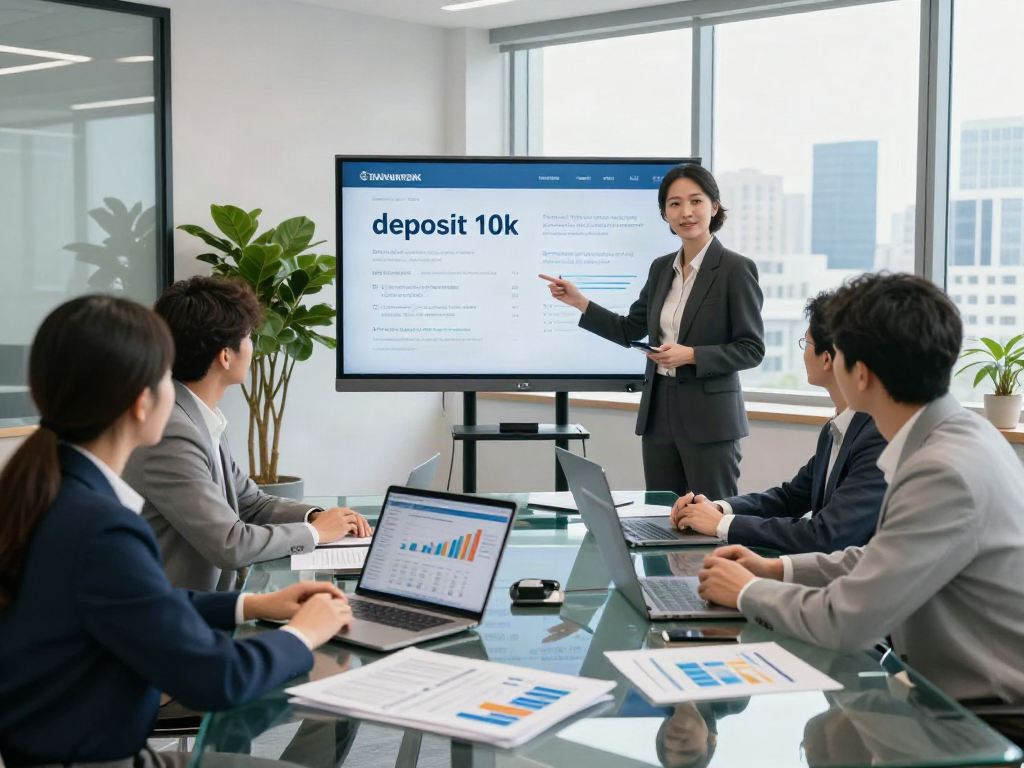 Financial advisors discussing strategies including deposit 10k in a modern office.