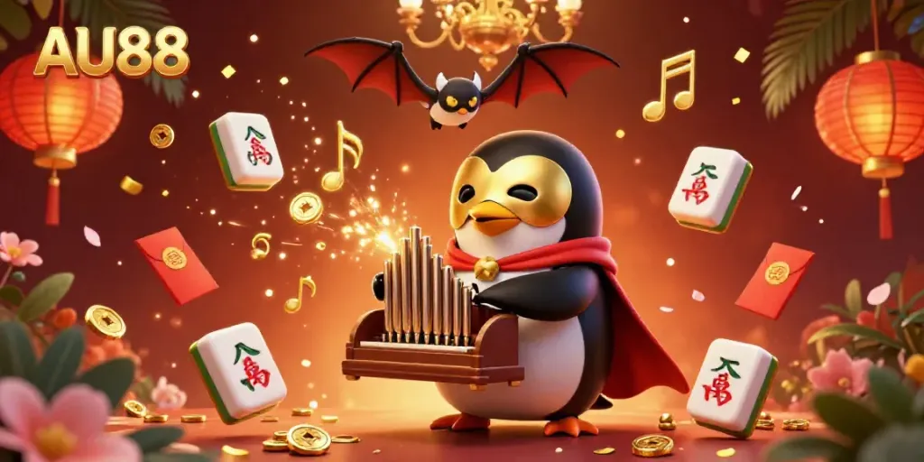 Experience the thrill of AU88 with a lively 3D casino scene showcasing a penguin playing an organ, radiating golden coins and energy.