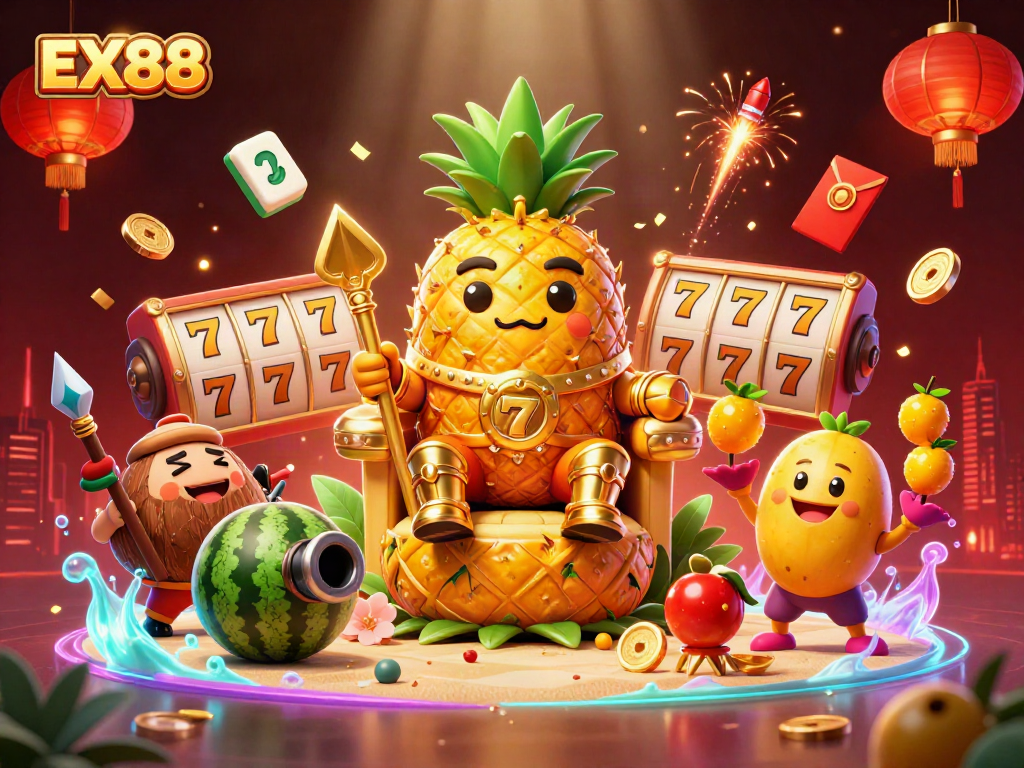 Spin the reels with EX88: A vibrant beach casino scene featuring a pineapple king and characters.