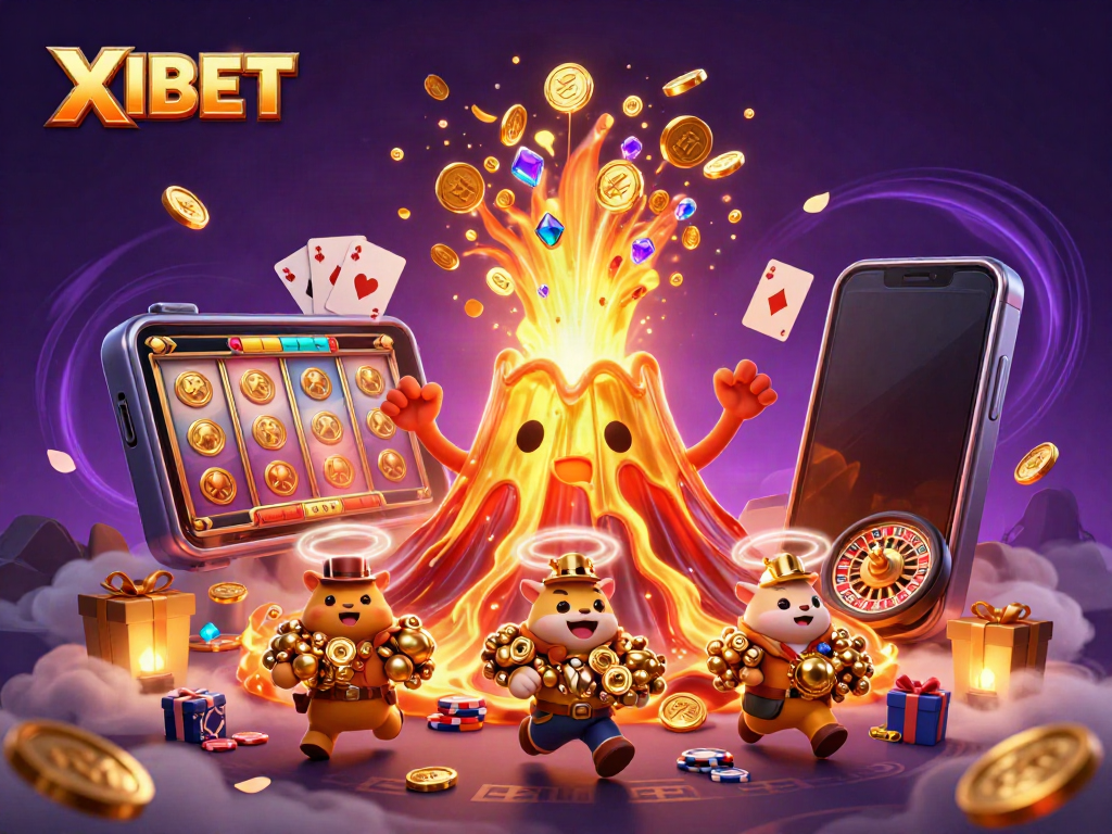 XIBET features a vibrant 3D scene with a golden volcano and animals fleeing with treasure from a mobile game.