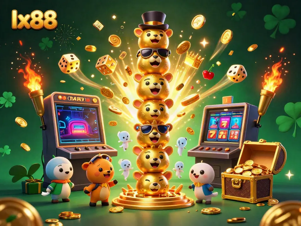 Experience the vibrant lx88 casino scene with a jackpot explosion and golden characters in action.
