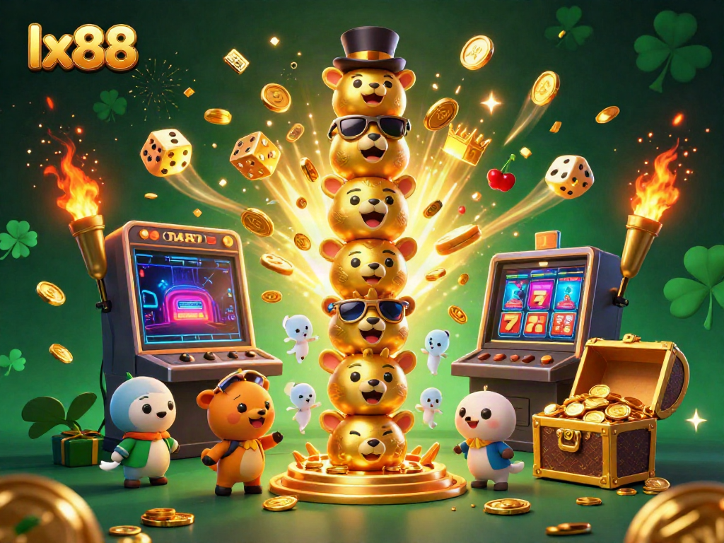 Experience the vibrant lx88 casino scene with a jackpot explosion and golden characters in action.