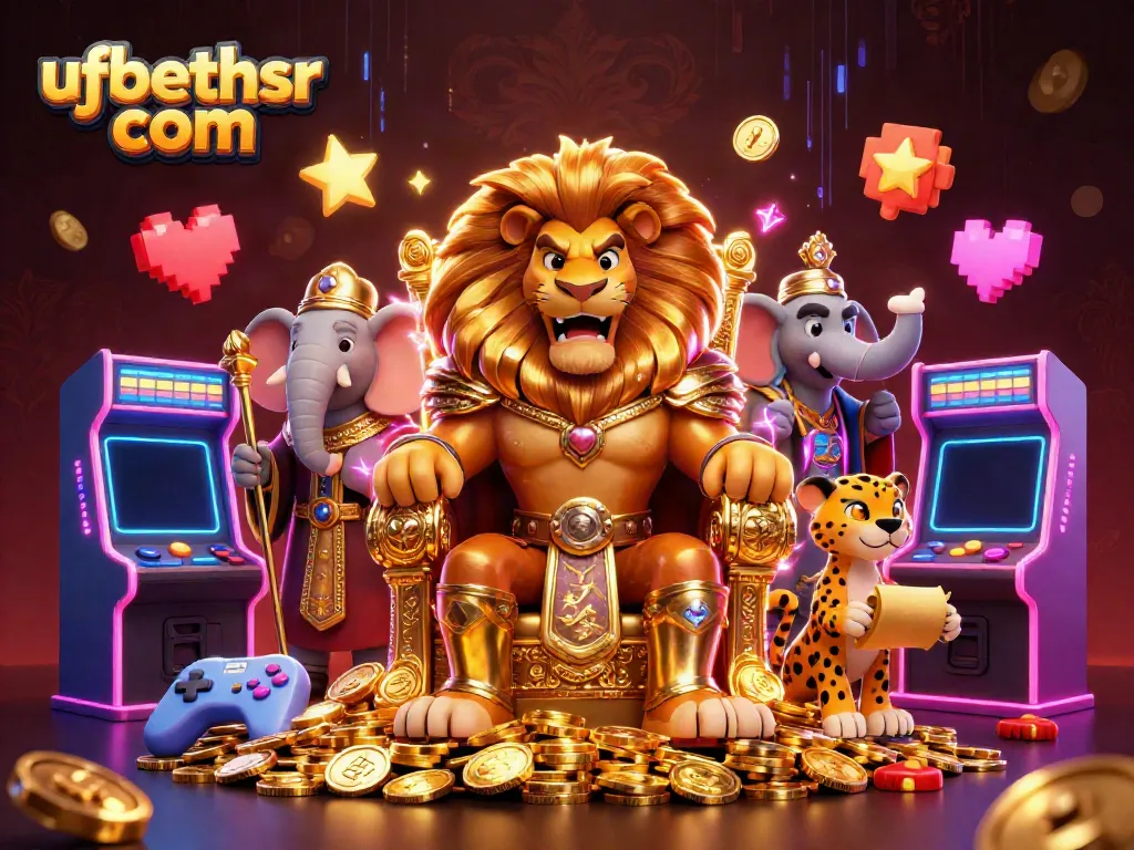 Experience excitement at ufabethsr com with a vibrant 3D casino scene featuring a royal lion king and colorful gaming elements.