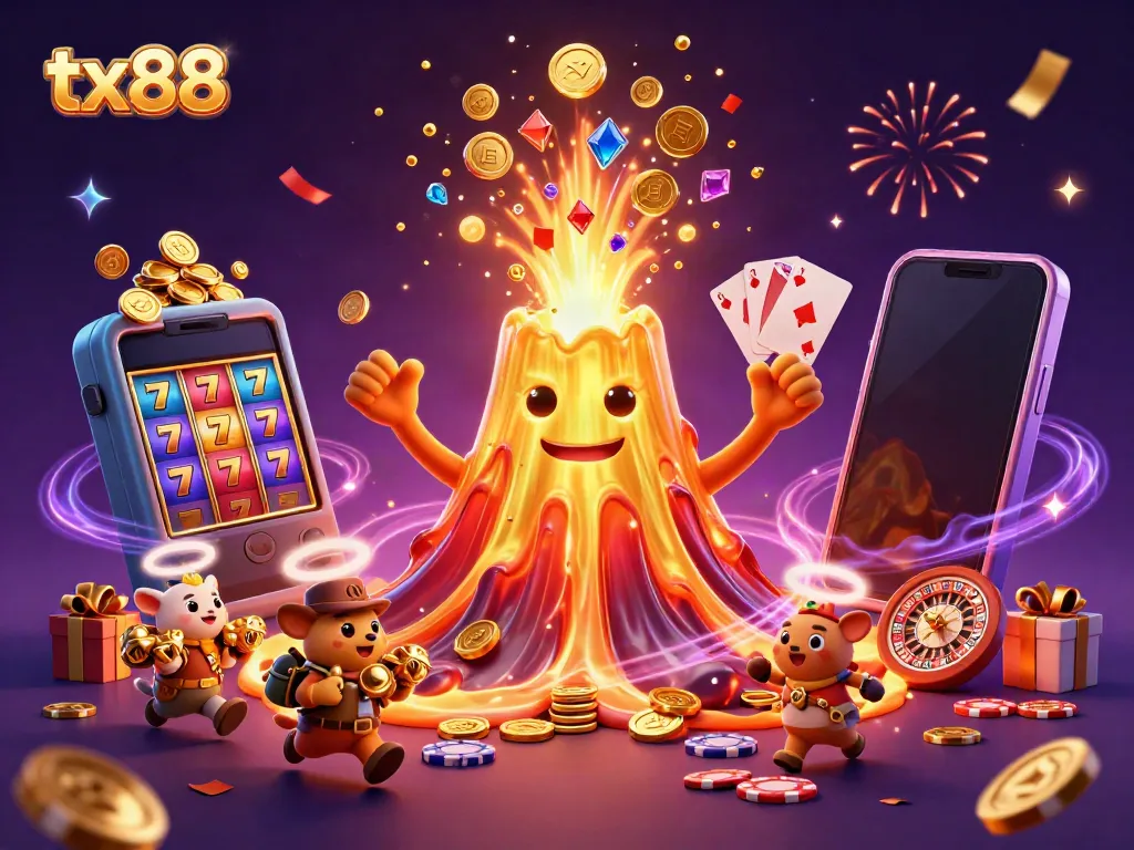 Experience excitement with tx88's dynamic casino adventure, showcasing a triumphant volcano and treasure hunters amidst thrilling games.