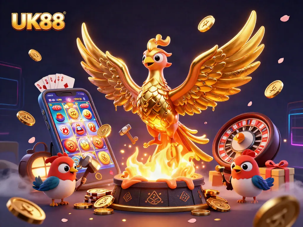 Engage in thrilling gameplay with UK88 featuring a golden phoenix amidst winning symbols and casino elements.