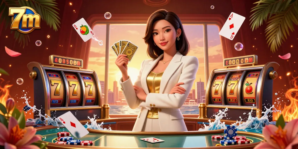 Experience high-stakes play with 7m's stunning casino scene, showcasing vibrant slot elements and strategic gameplay.