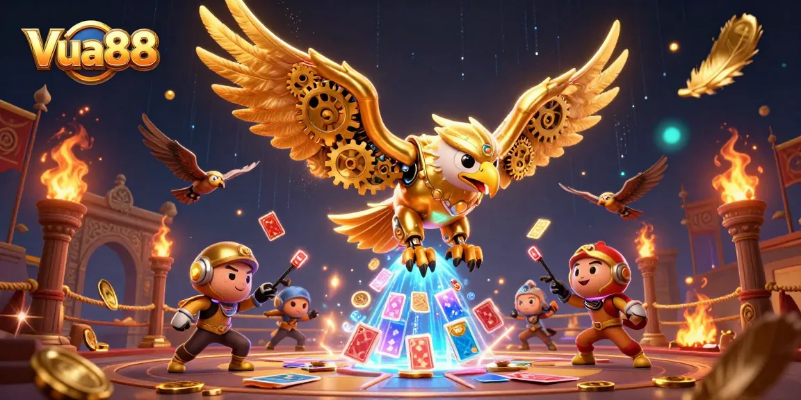 Vua88 showcases a vibrant scene with a cybernetic eagle and dynamic casino action elements.