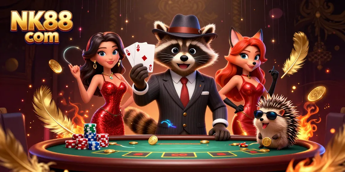 Experience thrilling poker action at NK88 com with a suave raccoon and his companions.