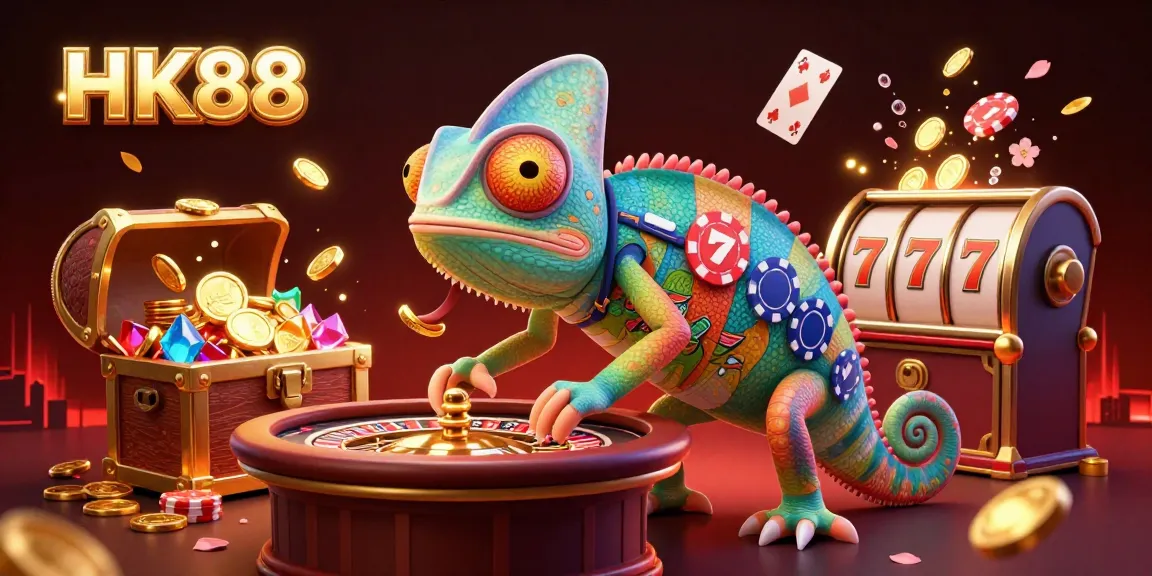Engage with HK88's vibrant casino scene featuring a chameleon owner and dynamic game elements.
