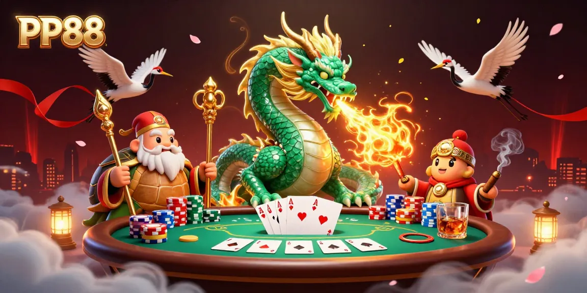PP88's vibrant online casino experience featuring a jade dragon and poker themes.