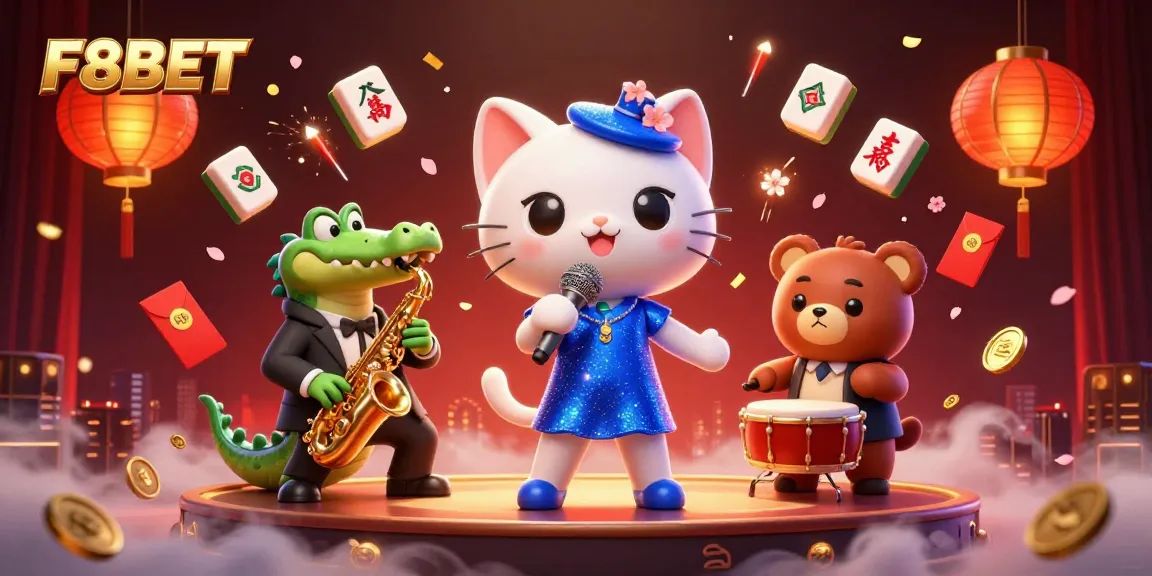 Experience F8BET's vibrant casino atmosphere with jazz, gaming elements, and lively characters.