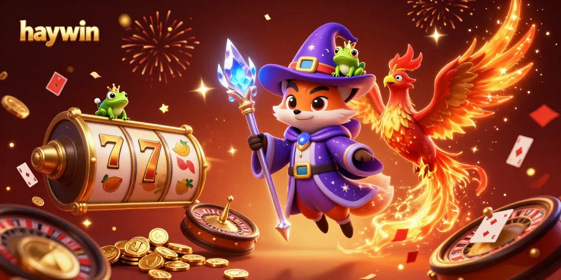Engage in exciting gameplay with Haywin, showcasing vibrant slot machines and 3D characters in a magical atmosphere.