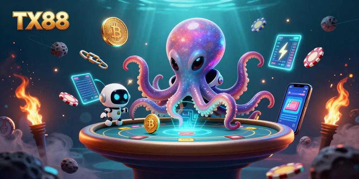 Experience thrilling gambling with TX88 at a holographic poker table, surrounded by crypto coins.