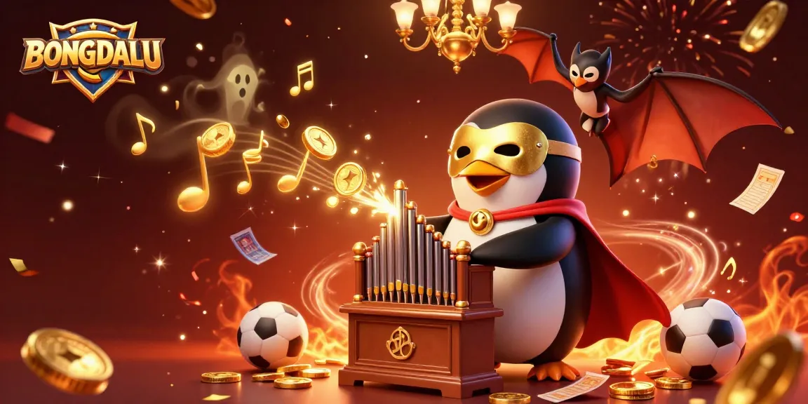 BONGDALU presents a dynamic sports betting scene with a cartoon penguin playing an organ and flying sports elements.