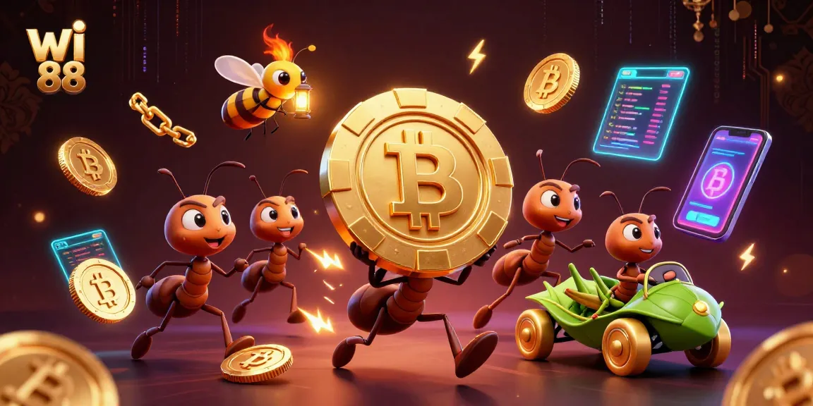 wi 88 showcases ants heisting a golden chip amid a neon-lit casino adventure.