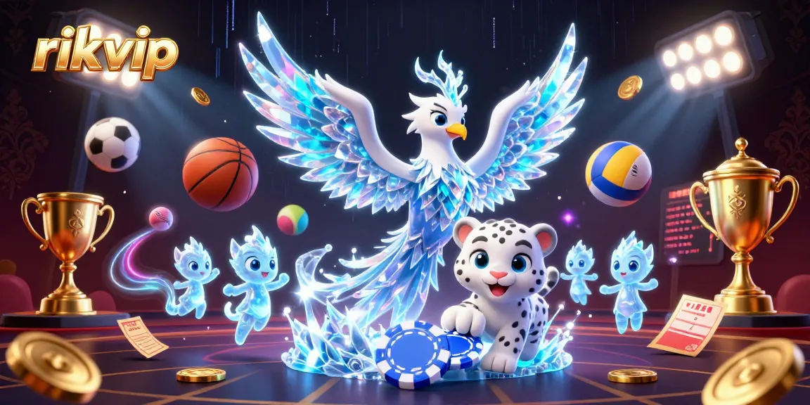 Experience thrilling games at rikvip with dazzling elements like an ice phoenix and poker chips.