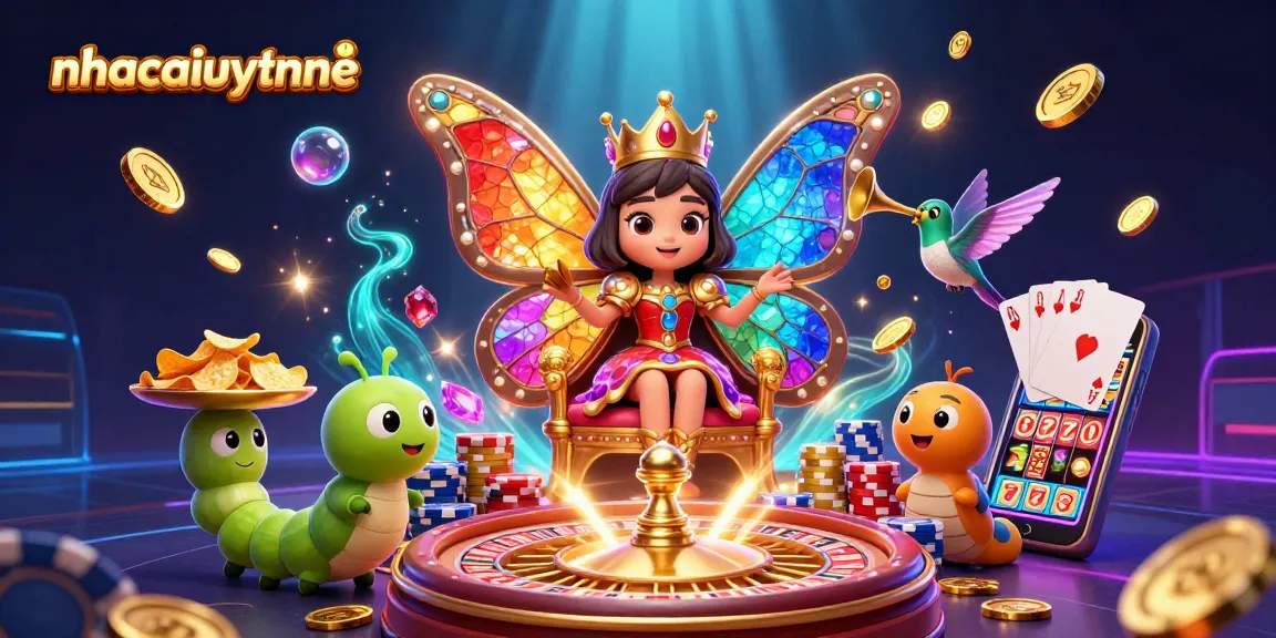 Experience exciting gameplay with nhacaiuytinne as vibrant butterflies and coins surround a lively casino scene.