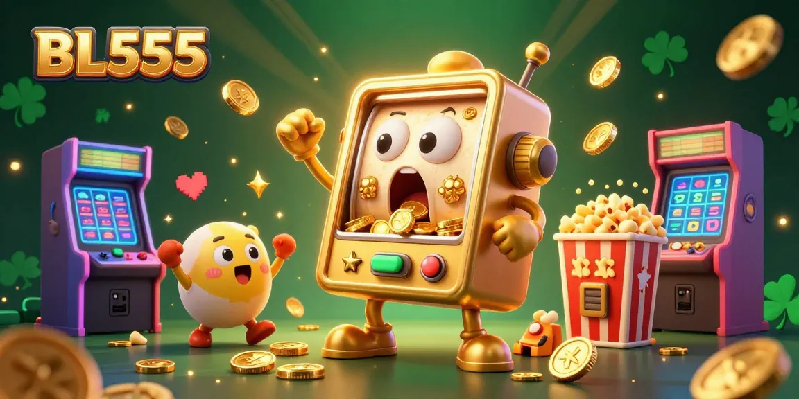 Experience excitement with BL555 as a golden slot machine hits a jackpot, coins pouring out and cheers surrounding it.