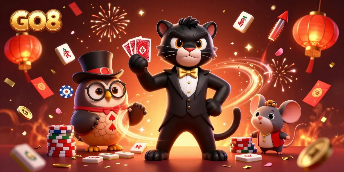 GO8 players enjoy a vibrant casino atmosphere with stylish characters, cards, poker chips, and festive elements.