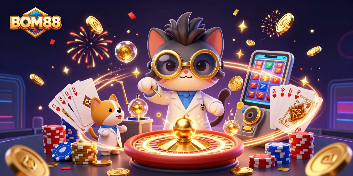 BOM88 casino scene with a mad scientist cat and assistant, illustrating thrilling gaming elements.