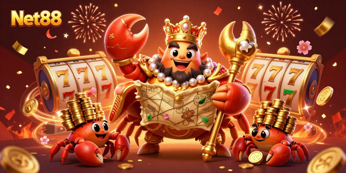 Experience Net88's thrilling excitement with a golden crab empress and dynamic casino elements.