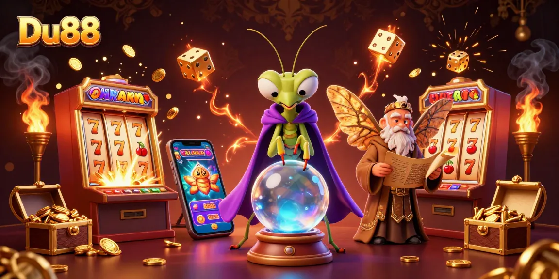Play Du88 casino games with a mystical fortune teller and a golden-winged librarian amidst vibrant slots and jackpots.
