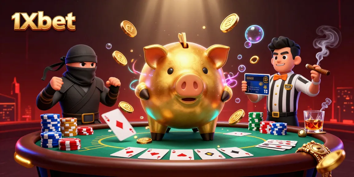 Experience thrilling gaming action with 1xbet featuring a sumo wrestler and ninja at a dynamic poker table.