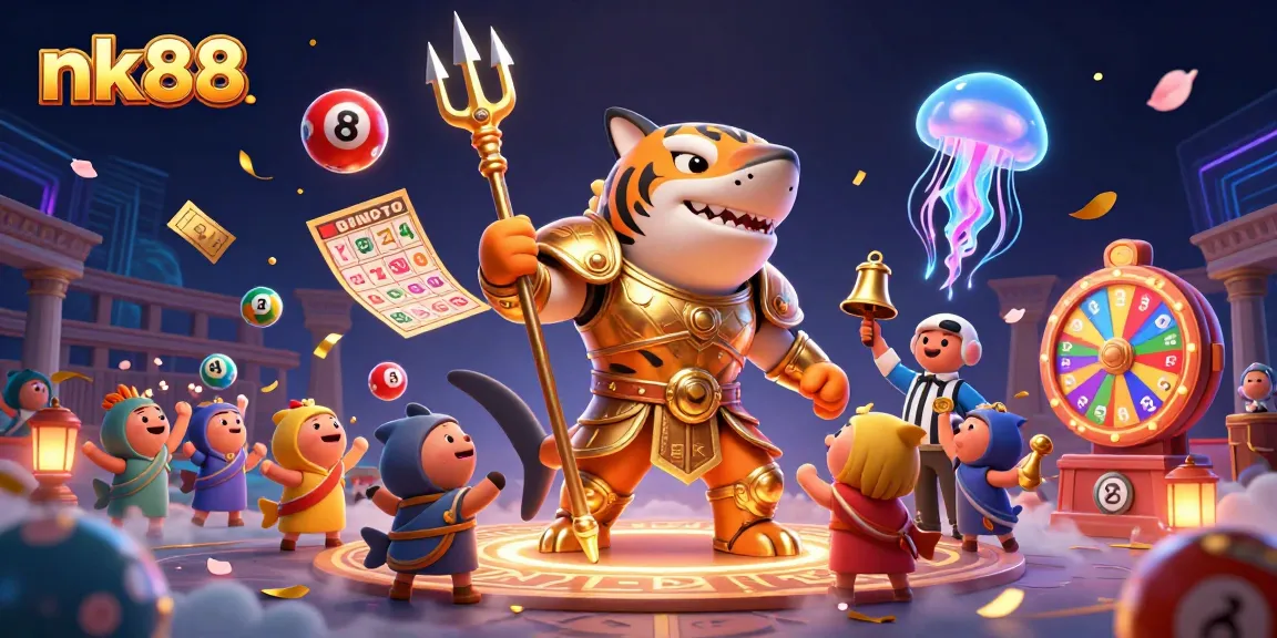 Experience nk88 gaming excitement with a dramatic underwater scene featuring colorful lottery and bingo elements.