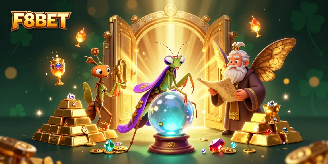 F8BET players winning big around a mystical fortune teller and gold treasures