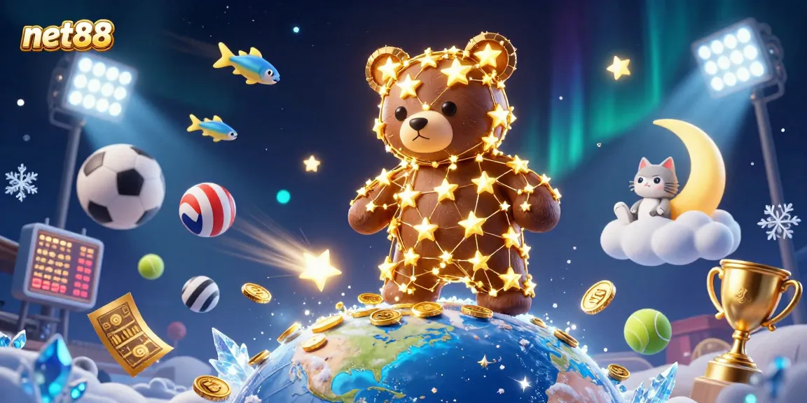 Experience net88's vibrant gaming world with a golden constellation bear and dynamic sports elements.