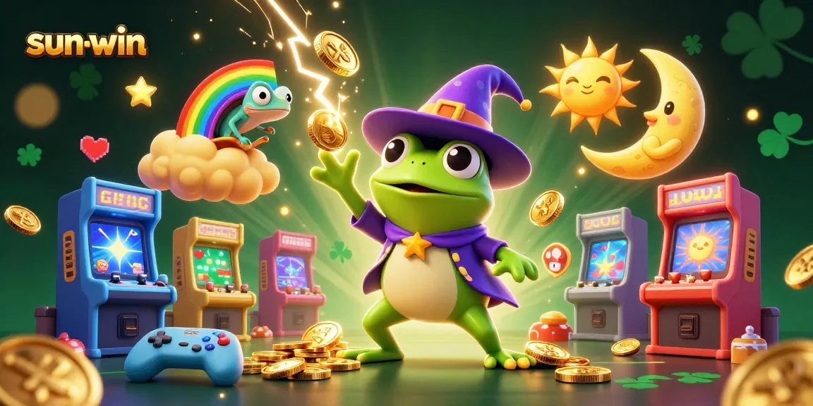 Experience sun-win excitement as the wizard frog conjures golden coins in a vibrant casino illustration.