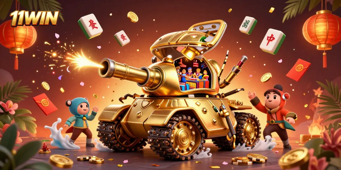 Play exciting games with 11WIN in a vibrant casino scene featuring a golden beetle tank.