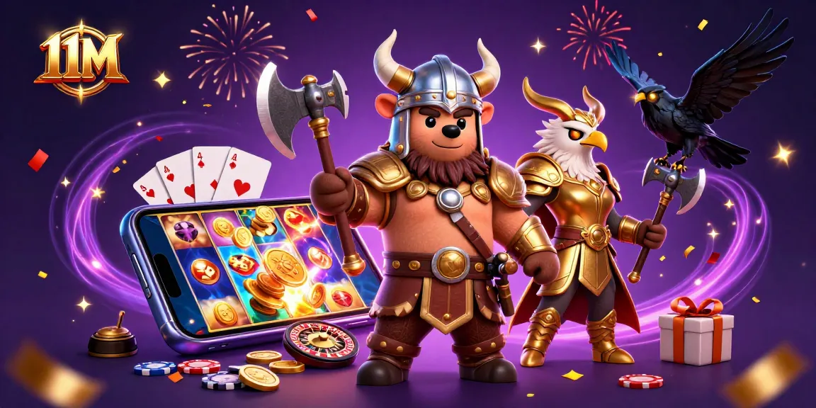 11M features a Viking berserker bear and Valkyrie eagle celebrating with casino game elements.