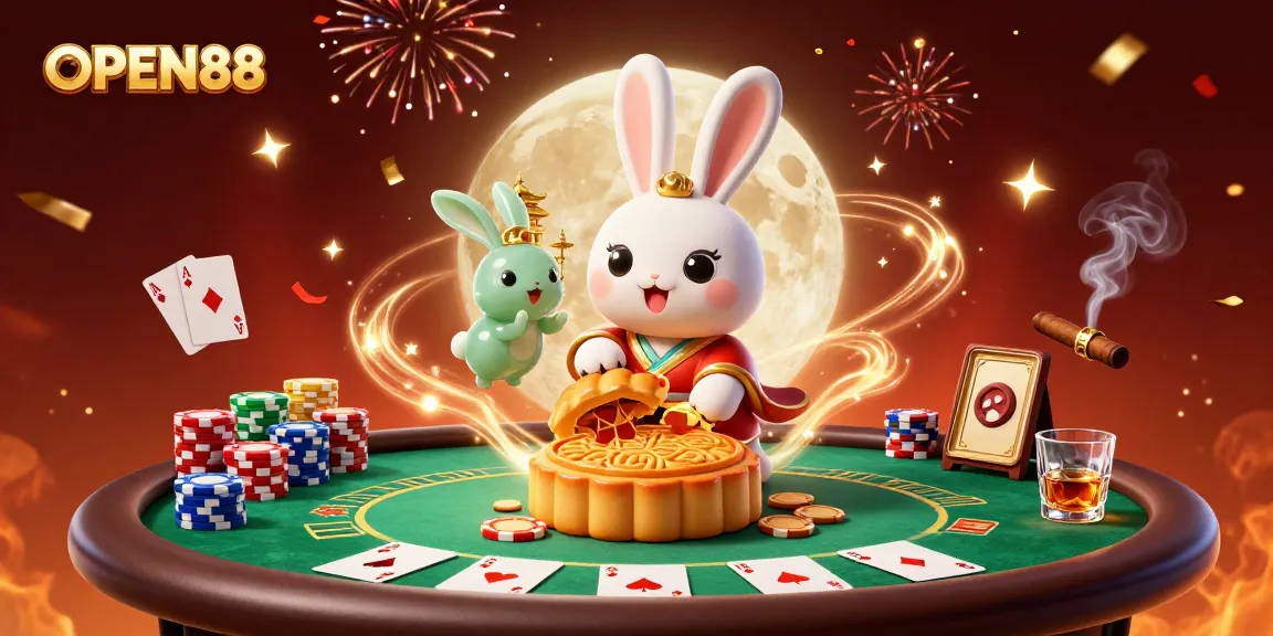 Experience the festive OPEN88 mood with poker chips and traditional folklore elements in this vibrant 3D scene.