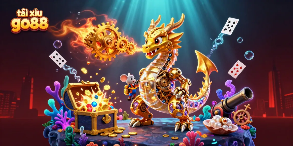 Engage in the dynamic tài xỉu go88 game experience with a vibrant 3D illustration filled with gold and excitement.