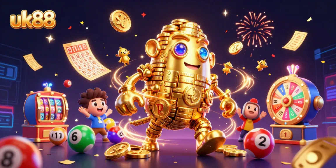 Bet and win with uk88 featuring a golden golem surrounded by lottery elements and vibrant casino symbols.