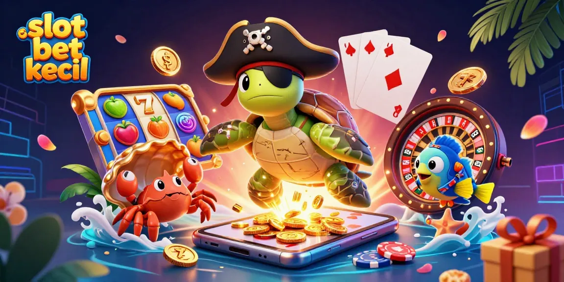 Slot taruhan kecil menampilkan kura-kura bajak laut 3D, kepiting, dan ikan parrot dengan elemen slot yang meriah.