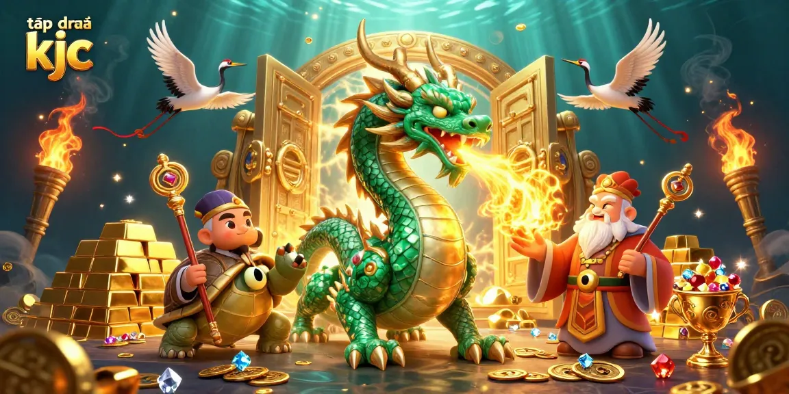 Experience the fun at Tập đoàn KJC, where the emerald jade dragon breathes fire amidst treasures.