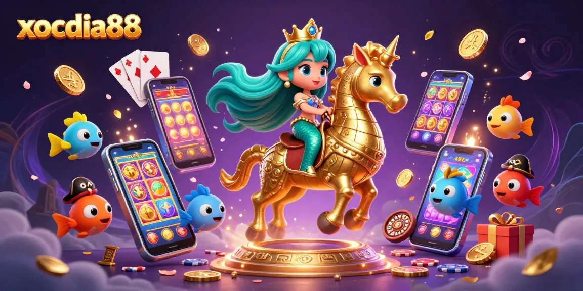 Xocdia88 casino illustration showcasing a mermaid princess and vibrant casino game elements.