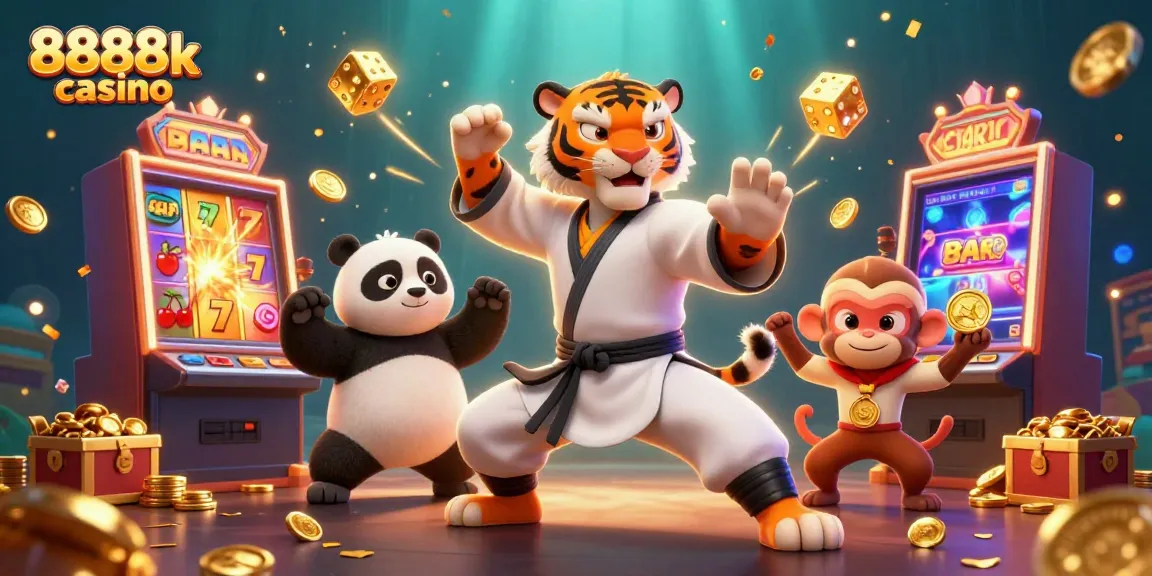 Experience the thrill of 8888k casino with dynamic characters and vibrant game elements in a rich digital illustration.