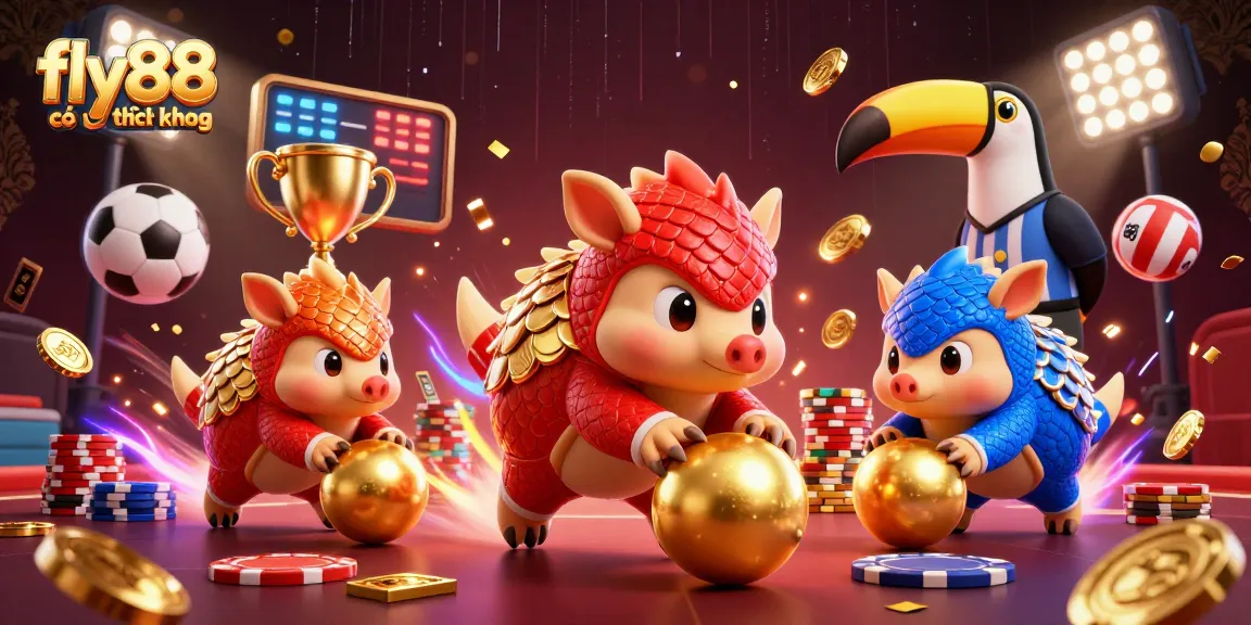 Engage with fly88 có uy tín không as rival pangolins compete with casino chips in a vibrant 3D scene.