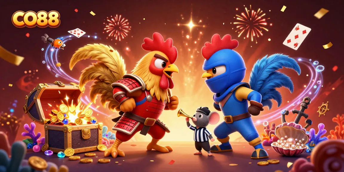 Experience epic battles in CO88's thrilling gaming world featuring roosters and treasure!