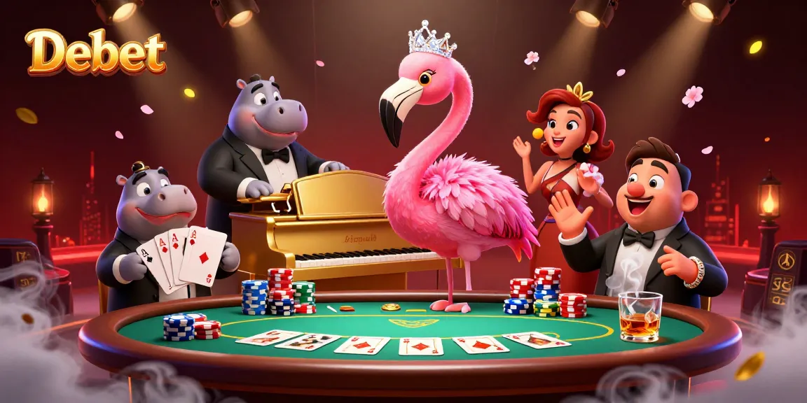 Celebrate with Debet in a vibrant casino scene with animated characters and rich game elements.