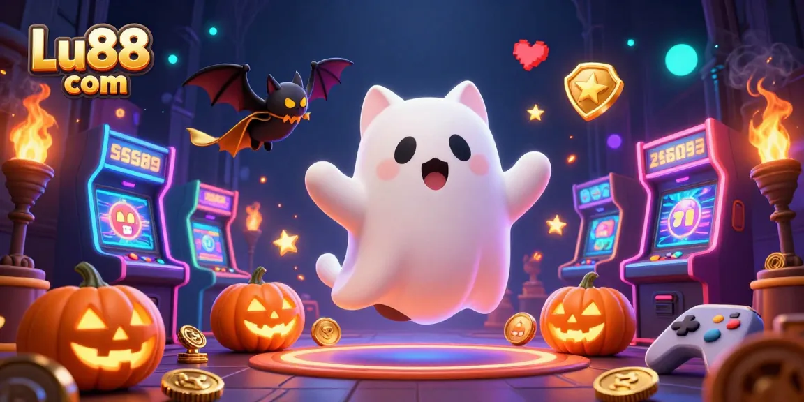 Experience immersive fun at Lu88 com, where a playful ghost cat and bat companion engage users in a vibrant casino atmosphere.