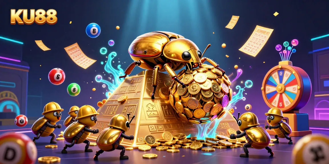 Experience excitement at KU88 with golden coins and vibrant lottery elements in a 3D casino scene.